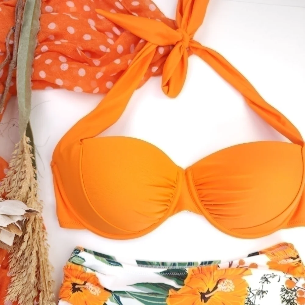 New Orange Floral 2pc Swimsuit Sz XS / S - Picture 3 of 16
